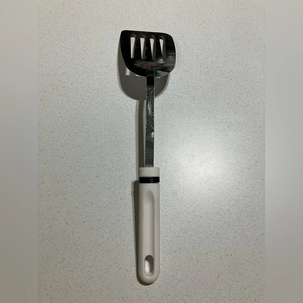 Slotted Metal Spatula Turner Flipper White Melamine Handle 13.5” Vintage